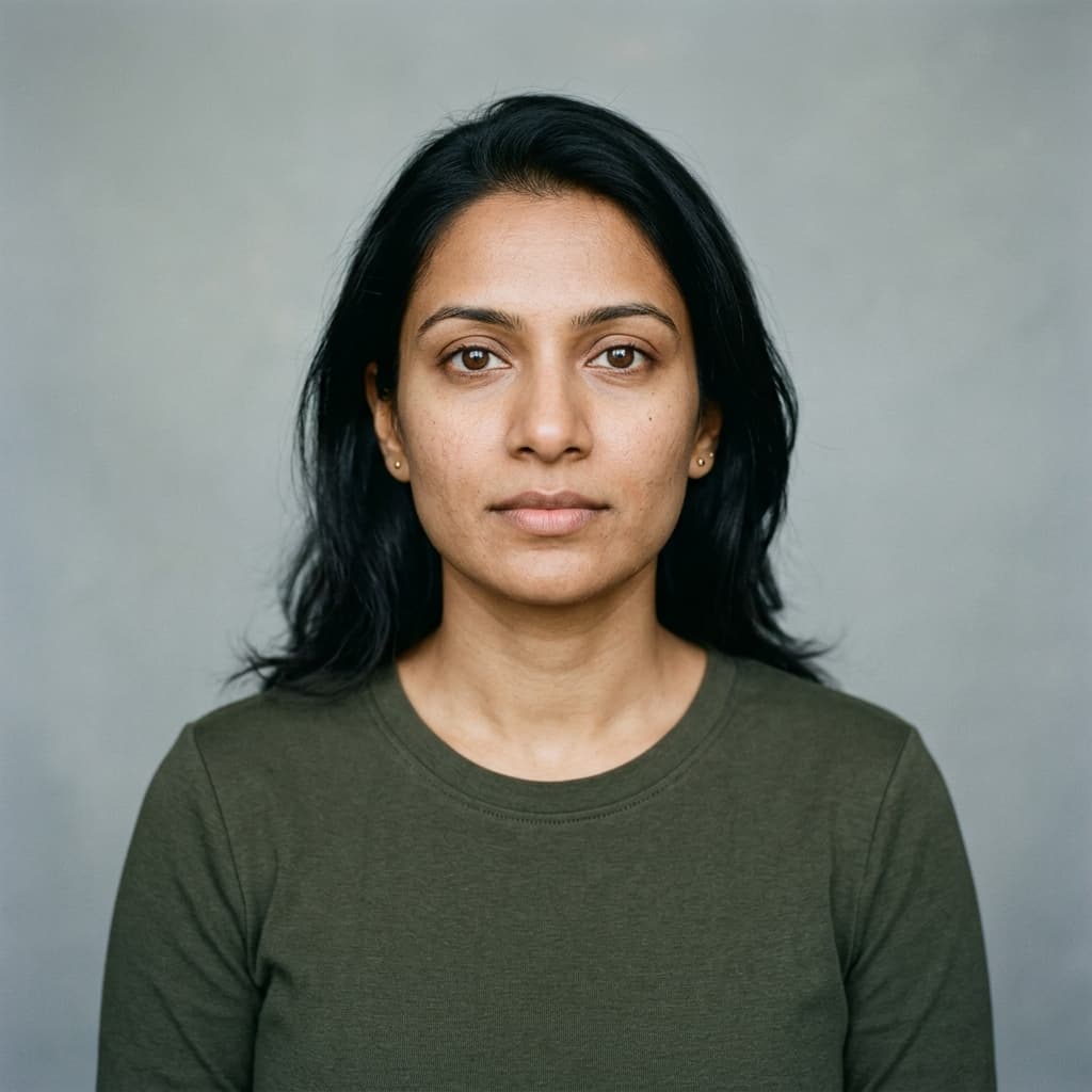 Aisha Patel (AI-generated example portrait): Front