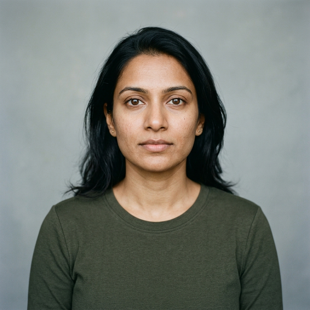 Aisha Patel (AI-generated example portrait) — Front