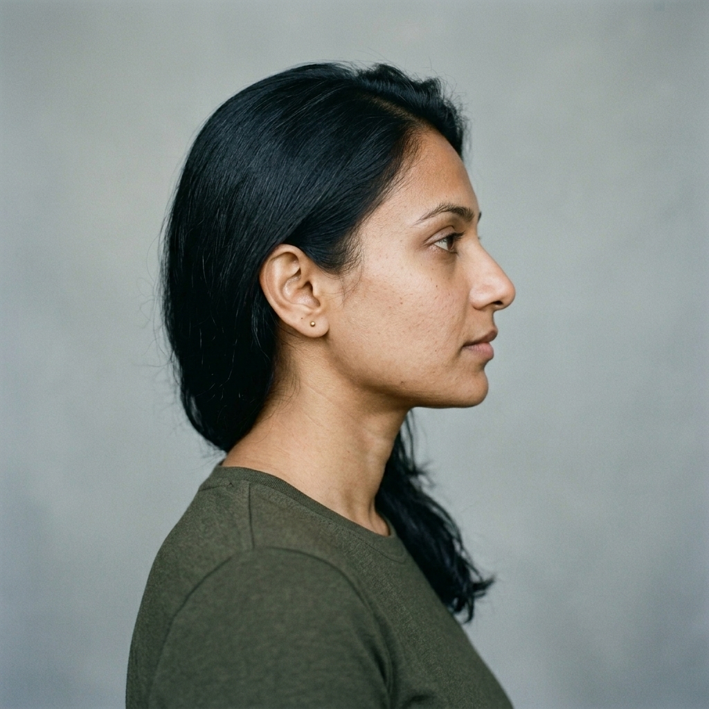 Aisha Patel (AI-generated example portrait) — Side